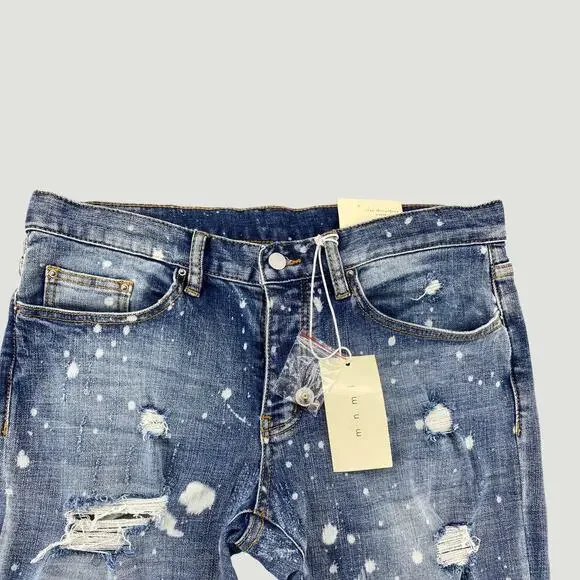 MNML Splash Stretch Denim Jeans Blue Paint Splatter Distressed Ankle Zip 33 - Picture 4 of 8